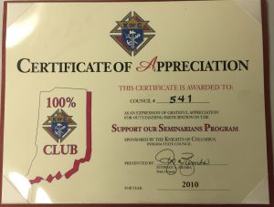 Certificate of Appreciation Support Our Seminarians 2010